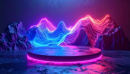 Abstract 3D Podium with Luminous Neon Light Waves in a Virtual Landscape