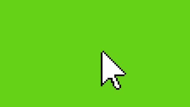 Classic white pixelated computer mouse pointer arrow icon hovering over vibrant green screen background signifying digital interaction or selection.