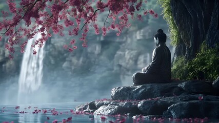 Fitness. Exercise. New Year resolution. Healthy lifestyle theme. A serene, naturethemed digital artwork featuring a Buddha statue and a cascading waterfall.