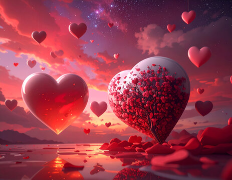Romantic Heart-shaped Balloons Floating Over Colorful Sunset Sky with Cloud and Starry Night Atmosphere - Powered by Adobe