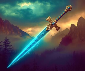 A sword with a blue hilt is shown in a field with mountains in the background