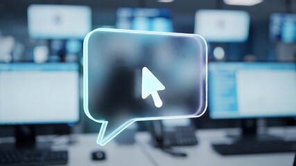 Interactive Cursor in Speech Bubble Over Blurred Computer Monitors - Digital Communication and Technology Concept for Online Engagement