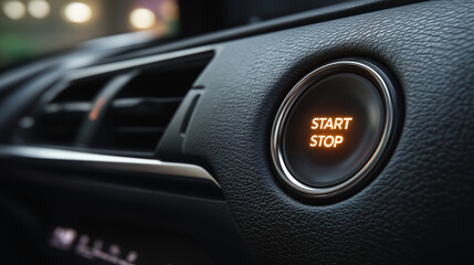 Car Interior with Illuminated Start Stop Engine Button, Modern Vehicle Technology and Smart Keyless Ignition System, Automotive Innovation, Transportation and Driving Concept