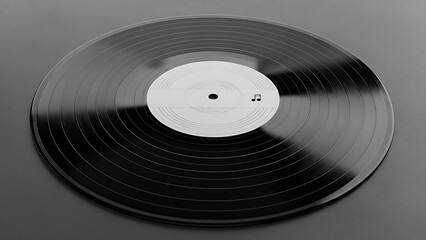 A black vinyl record with grooves sits on a simple dark gray background.