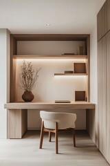 Modern Minimalist Home Office with Warm Wood Accents and Decor