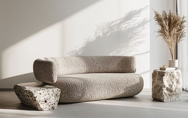 Modern minimalist living room with textured sofa and natural decor