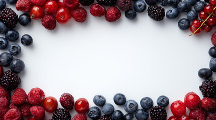 A vibrant assortment of fresh berries arranged in a frame, perfect for invitations or healthy eating promotions.