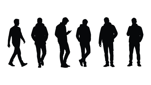 Silhouettes of six men walking in various poses against a white background