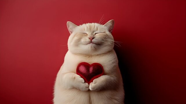 Love. Valentines day. Mothers day theme. A white cat with a red heart in its paws, set against a red backdrop. The cats eyes are closed.