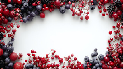 Obraz premium A vibrant assortment of red and black berries arranged in a decorative frame on a white background.