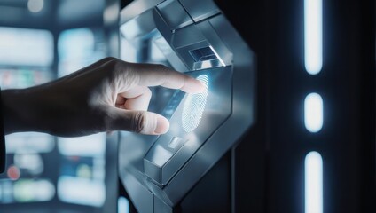 Close-up of a hand scanning a fingerprint. Futuristic touch screen interface