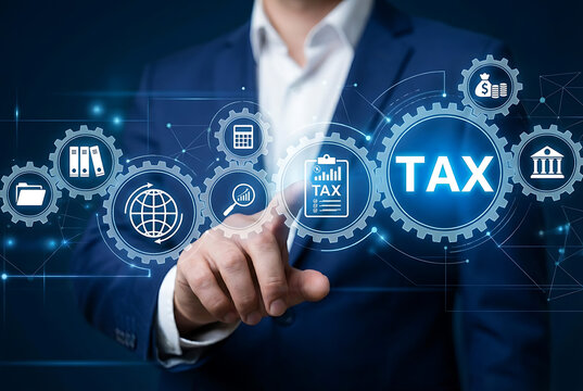 Man interacting with digital tax interface - Powered by Adobe