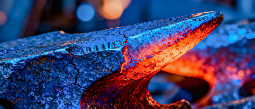 Close-up of heat-treated forged metal in deep blue tones, showcasing industrial textures, surface details, and durable strength.