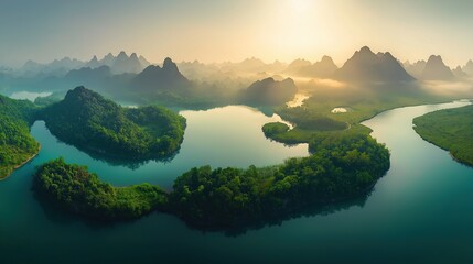 Aerial view of winding meandering river with lush greenery and towering mountains under soft morning light serene beauty of natural landscape with picturesque curves