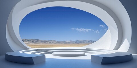White circular podium with open space in center overlooking vast desert landscape under blue sky minimalist modern design with three symmetrical chairs in contemporary setting