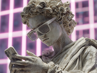 Ancient female statue wearing sunglasses, using a cell phone. Social media retrofuturism background