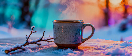 Scandinavian-style coffee composition featuring a ceramic mug and winter branch, minimal layout with clean copy space and soft mood.