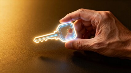 Hand presenting luminous digital key, symbol of access, opportunity and guidance, abstract virtual interface, data security and business technology