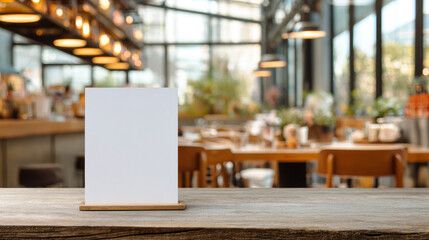 The empty mockup menu on the table in the restaurant with blurred background with copyspace