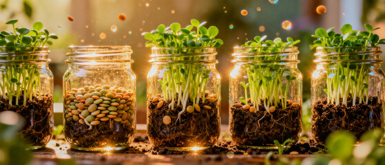 Glass mason jars filled with sprouting lentil seeds and green shoots, lined up to illustrate home gardening, indoor plants, and microgreens growth.