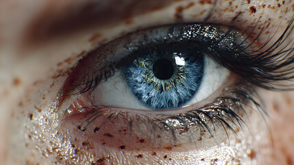 A close up of a blue eye with a black dot in the center