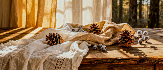 Scandinavian-inspired still life with pinecones resting on linen fabric, illuminated by gentle daylight, showcasing minimalist and natural aesthetic.