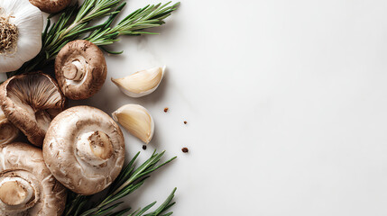 Fresh mushrooms, garlic, and rosemary arranged on a clean surface for culinary creativity.