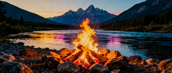 Twilight scene with a glowing campfire surrounded by rocks, set along a peaceful river with majestic mountains in the distance.