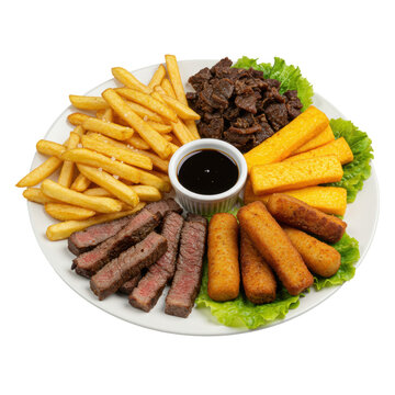 Generous brazilian bar appetizers (petiscos): fries, steak, chicharrones, and torresmo on a white platter with green lettuce garnish, flat lay, ultra-realistic, concept for brazilian cuisine