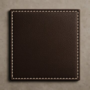Premium dark brown square leather coaster with white stitched edge detail