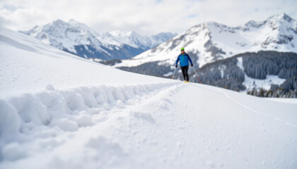 Man skiing on snowy mountain trail with stunning alpine landscape  