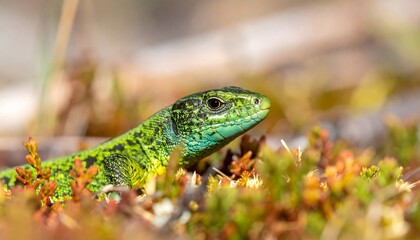 Obraz premium Close-up of a vibrant green and blue lizard in its natural habitat, partially obscured by plants, showcasing textured scales