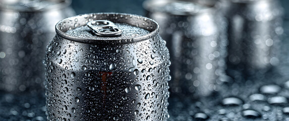 Aluminum slim cans separated on a background with water droplets.