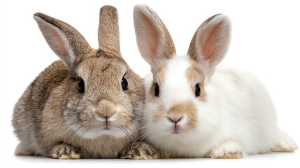 Obraz premium Two adorable rabbits, one brown and one white, sitting together in a charming pose, showcasing their cute features.
