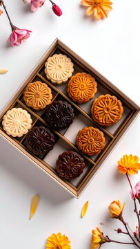 Mooncake Delight: A delightful assortment of traditional mooncakes, carefully arranged within a decorative box, presented with exquisite detail and culinary artistry.