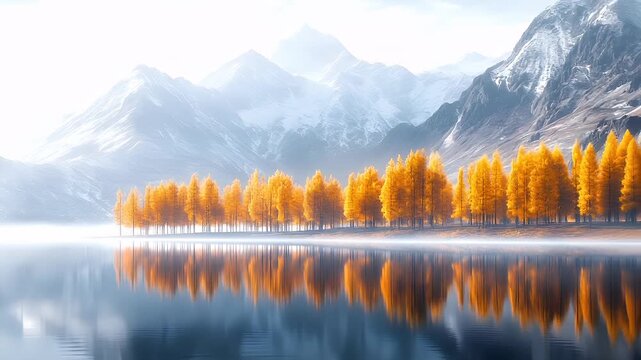 A serene landscape featuring a calm body of water reflecting the surrounding trees and mountains. The trees are a vibrant yellow, contrasting with the cool blue of the water.