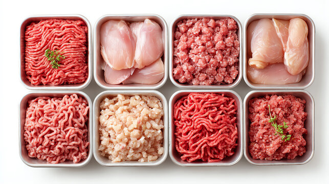 Variety of fresh ground meats in containers, including chicken and beef, ideal for delicious meal preparation.