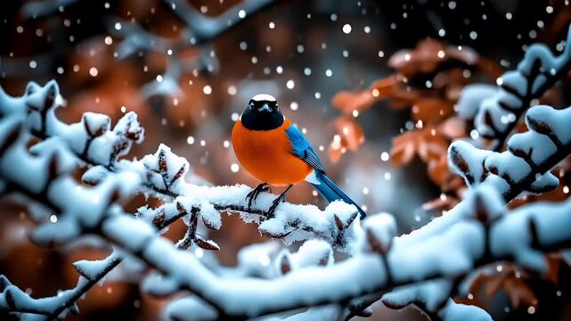 A vivid, closeup shot of a bird perched on snowcovered branches. The bird is predominantly orange and blue, with a black head and neck, and a white patch on its forehead. The background is blurred.