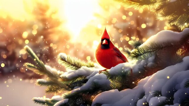 A vivid portrayal of a cardinal bird perched on snowcovered pine branches. The cardinal is a striking shade of red, with a white patch on its chest and a black beak.