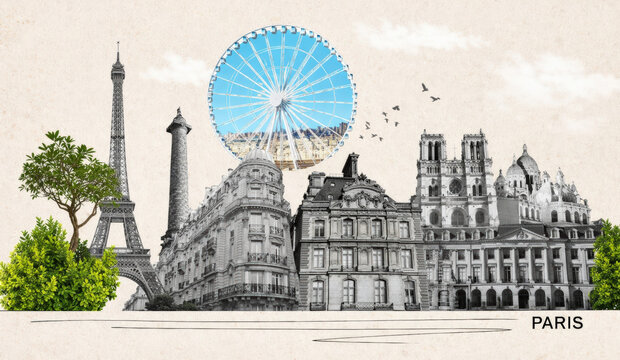 Iconic Paris landmarks collage: Eiffel Tower, Notre Dame Cathedral, and Arc de Triomphe, against an overcast sky, showcasing grand architecture.