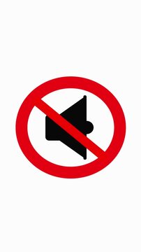 No Sound Icon with a vertical mobile video Black Speaker Symbol Inside a Red Circle and Slash mute silent. Digital black speaker in red circle with slash representing mute and audio off concept.