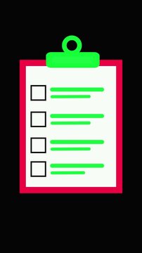 Red Clipboard with Four Empty Check boxes and Green Lines on a vertical mobile video Black Background checklist. Futuristic red clipboard with four unchecked boxes and green lines illustrating .