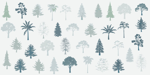 A collection of various tree silhouettes in muted shades of blue and green © Rathindranath
