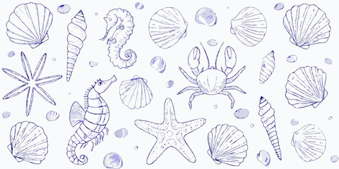 A beautiful collection of hand drawn seashells seahorses starfish and crabs © Rathindranath