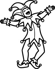 Fototapeta premium A Cheerful Jester Dancing with Arms Open and Laughing Outline Line Art Drawing Style 