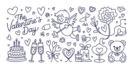 Fototapeta premium Valentine’s day doodle set, hand drawn illustration with a cupid, hearts, cake, champagne, bear