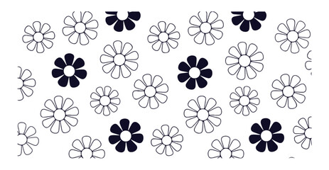 Fototapeta premium Simple outline flower pattern with filled centers in dark blue and white on white background