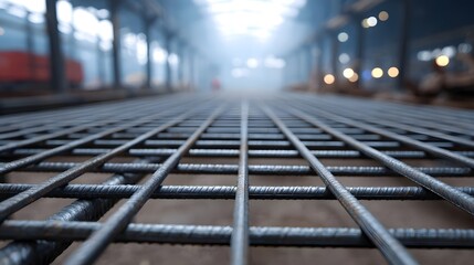 Close up perspective of a steel rebar grid in a foggy industrial building with diffused background lights