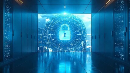 Secured server room with a digital padlock over a city background, symbolizing data protection. - Powered by Adobe