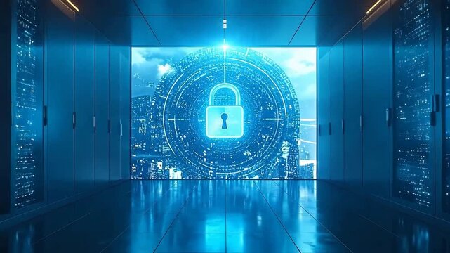 Secured server room with a digital padlock over a city background, symbolizing data protection.